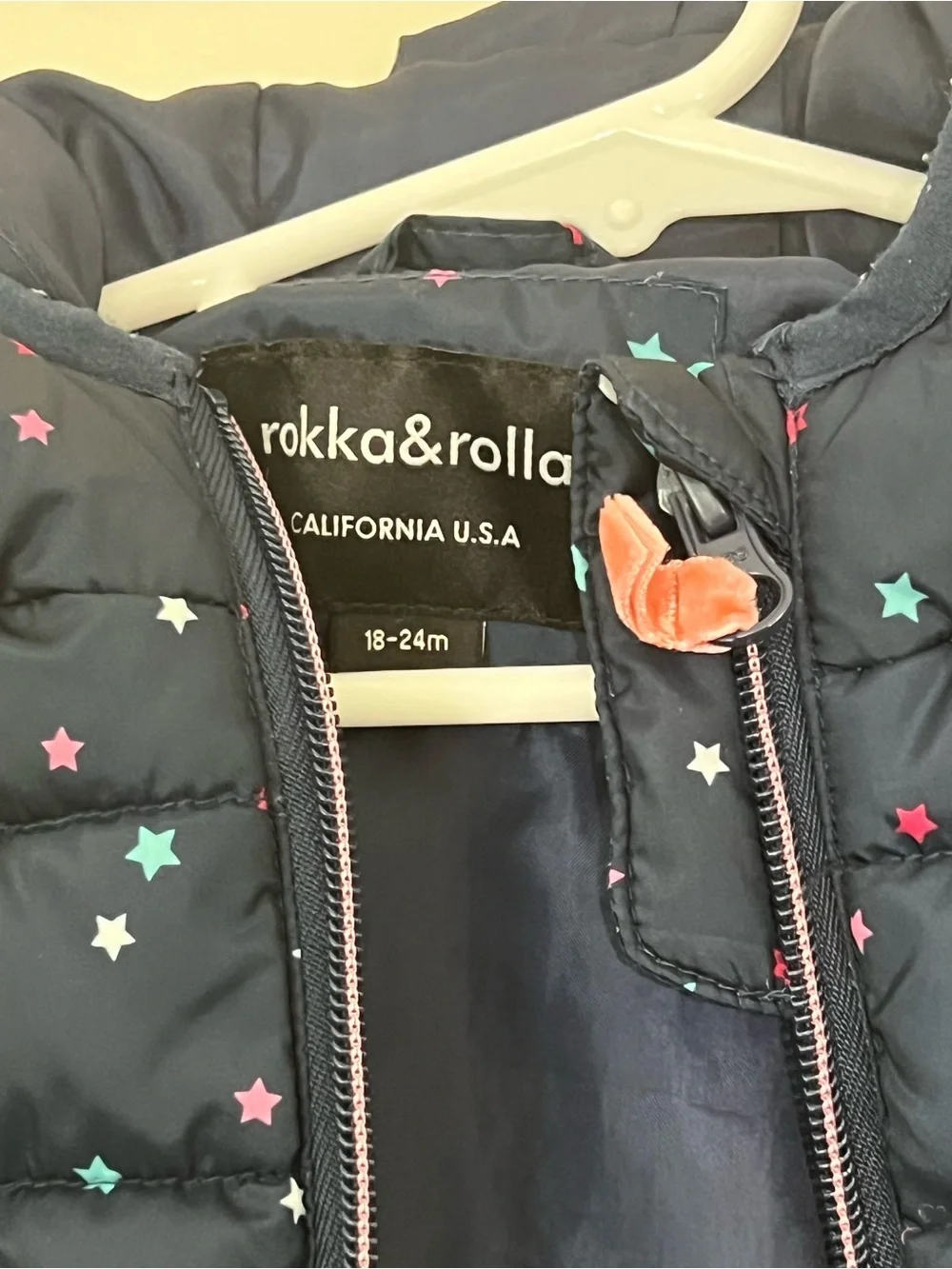 Toddler Girls' made in the USA Navy Star  Puffer Jacket with Hood no flaws 18-24